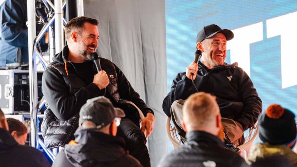 Chris Pritchard Nad Lee Johnston hosting the podast on stage in the TT Monster Energy Fan Park